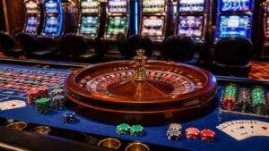 Chơi Casino Trực Tuyến Trên Điện Thoại: Những Trò Chơi Phổ Biến Không Nên Bỏ Qua Casino gaming table with roulette, cards, and slot machine screens