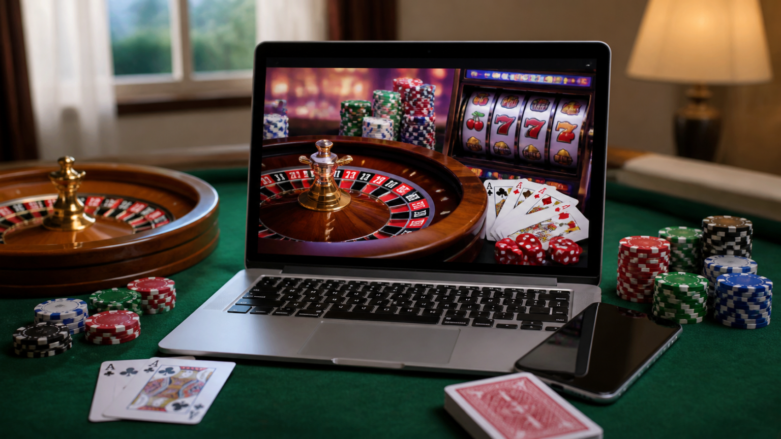 Laptop and phone displaying an online casino games interface