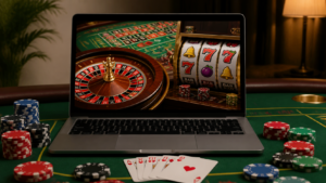 Online casino site displayed on a laptop with casino games visible